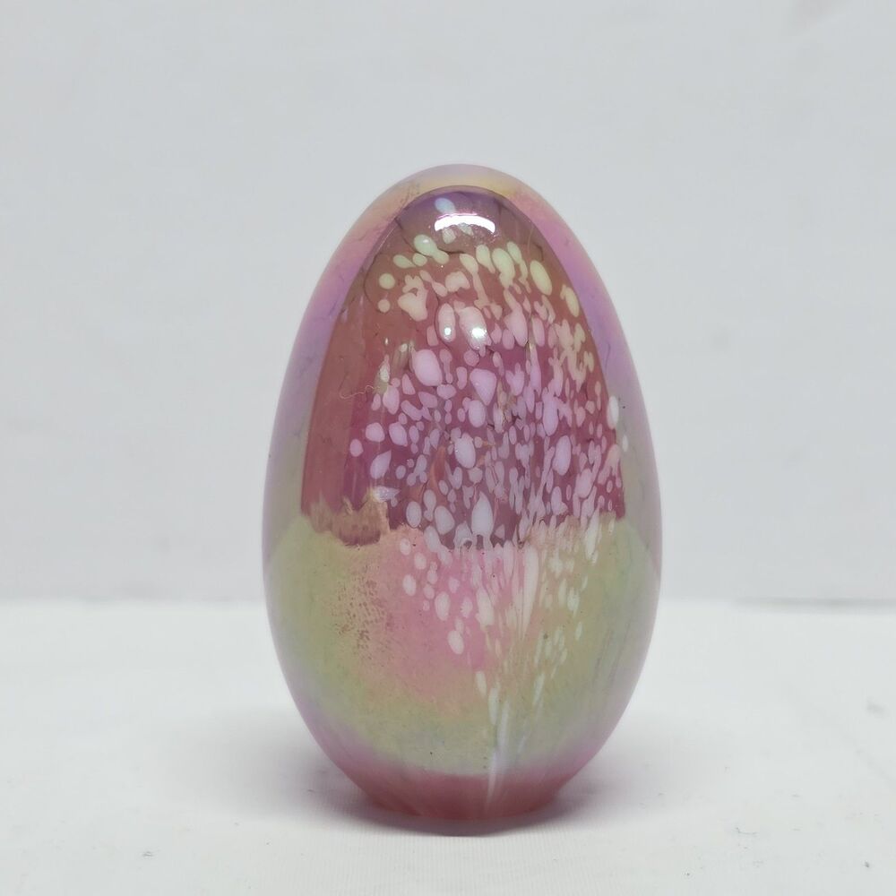 Vintage 1986 Mount Saint Helens Art Glass Small Egg Paperweight Iridescent Pink